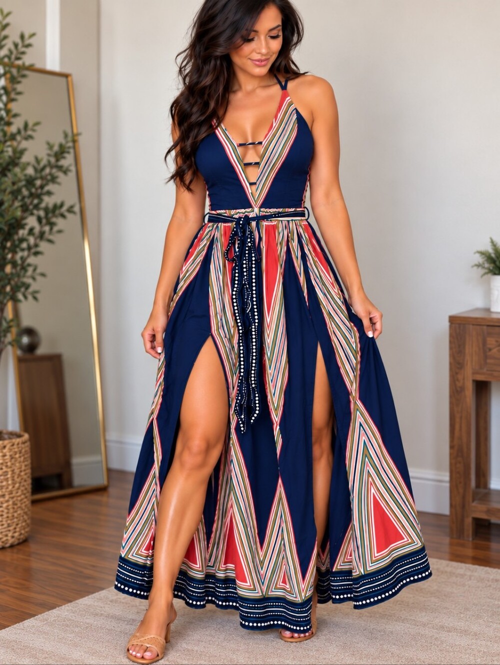 Miss Avenue Navy Maxi Dress with Multicolor Geometric Stripes